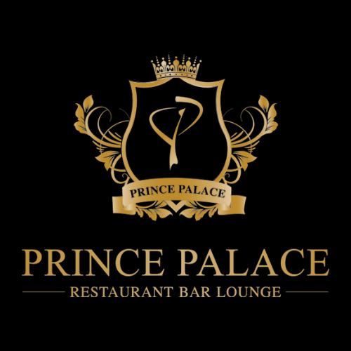 Logo doré du Prince Palace avec une couronne au-dessus d'un écusson stylisé, comportant une lettre "P" élégante, accompagné des mots "Restaurant Bar Lounge" en bas.